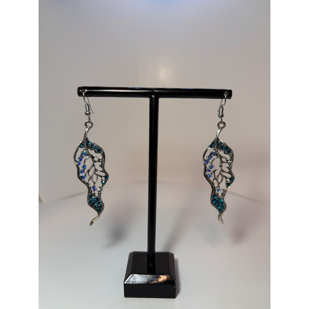 Silver Tone Teal Blue Rhinestone Filigree Leaf Drop Earrings Statement Jewelry